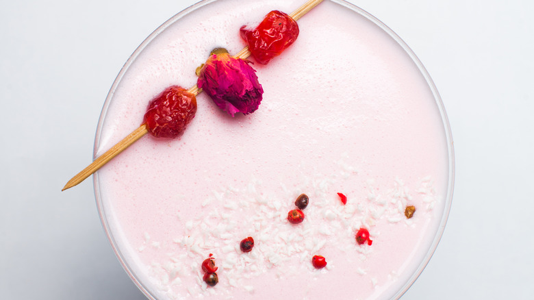 Close-up overhead of a pink squirrel cocktail