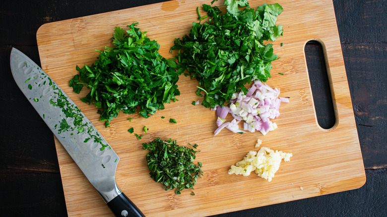 Diced ingredients on a cutting board