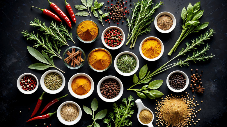 A variety of herbs and spices in bowls on a black table