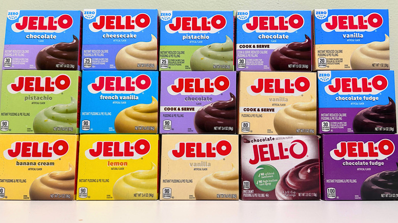 Fifteen Jell-O Puddings stacked together