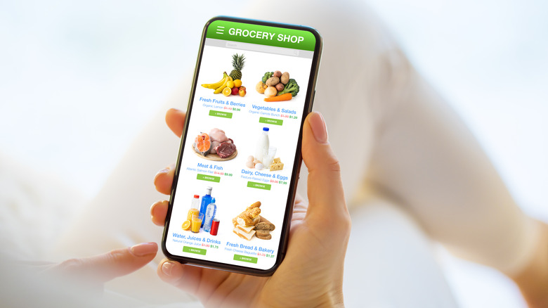 hands hold smartphone while using grocery shopping app