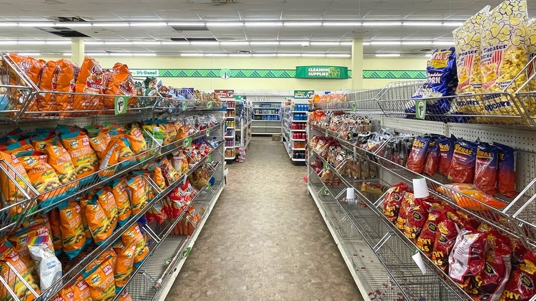 Dollar Tree grocery store interior with snack shelves
