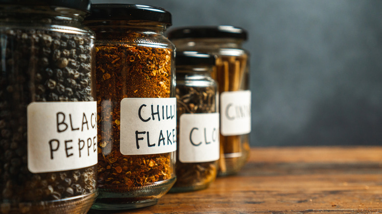 Glass jars filled with spices
