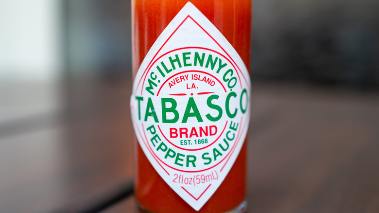 A closeup of a bottle of McIlhenny Tabasco sauce