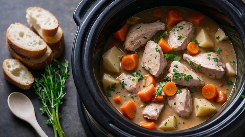 Chicken in a slow cooker with carrots, potatoes, an herbs
