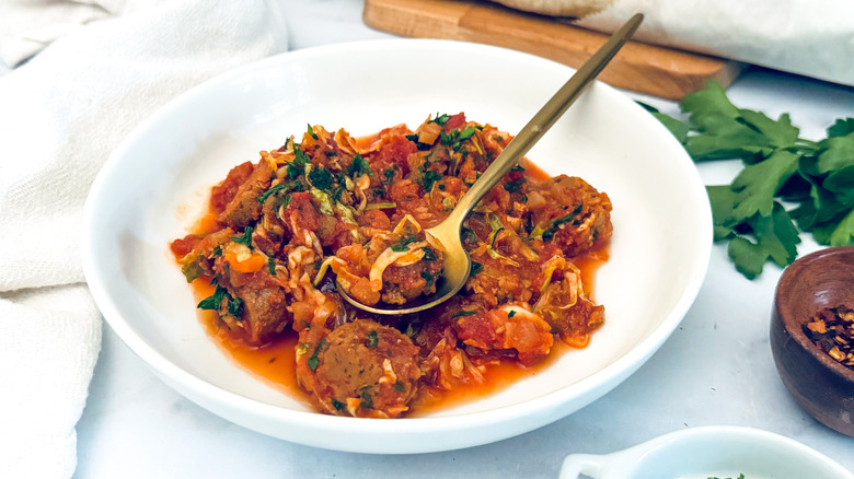 sausage and cabbage in bowl