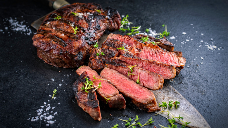 Sliced steak with salt and garnish